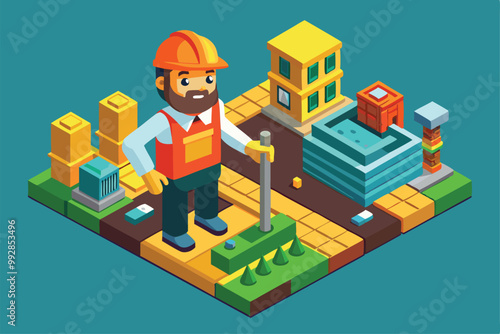 A construction worker stands on a vibrant isometric landscape filled with buildings and tools, Customizable isometric illustration of a construction truck.