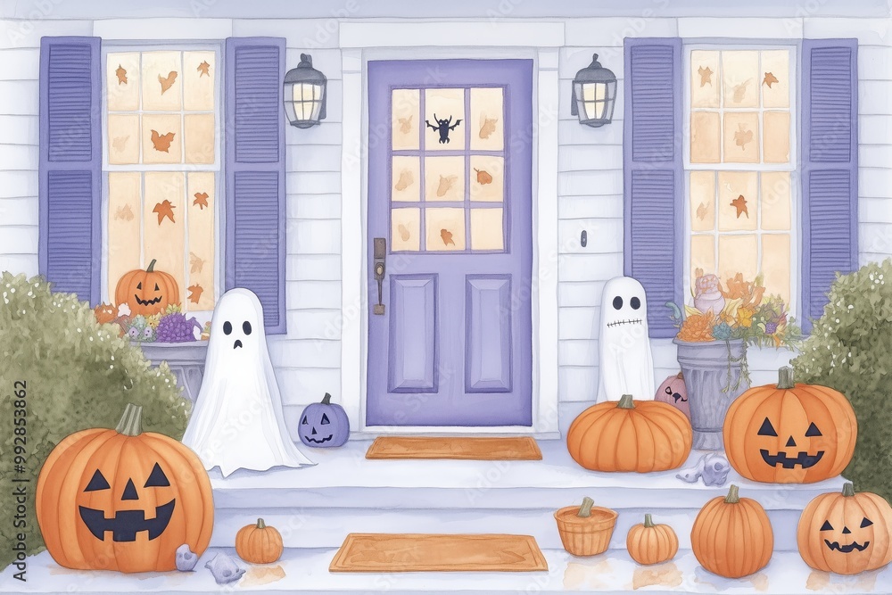 Obraz premium Charming Halloween Porch: A whimsical illustration of a charming suburban home decorated for Halloween, featuring a purple front door, pumpkins, ghosts, and autumn leaves. 
