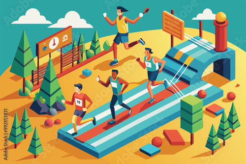 Runners compete in a cross country race through a colorful landscape with trees and track features, Customizable isometric illustration of a cross country race.