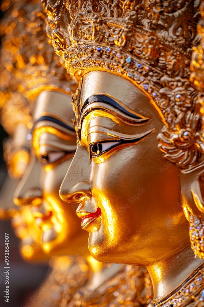 Obraz premium Golden statues of ancient deities glowing under soft moonlight
