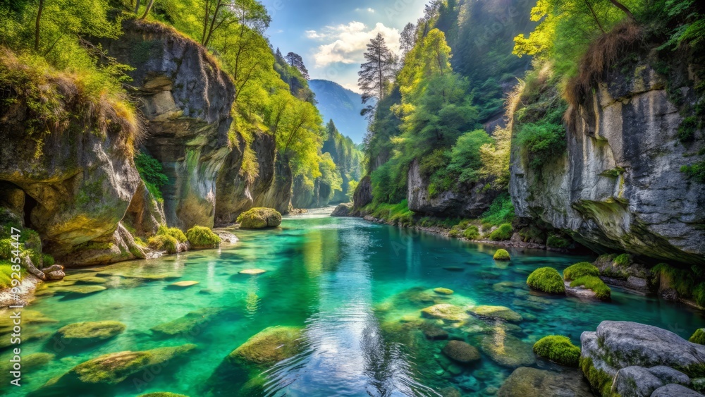 River's crystal-clear waters wind through ancient forest, surrounded by majestic cliffs. River's crystal-clear waters wind through ancient forest, surrounded by majestic cliffs.