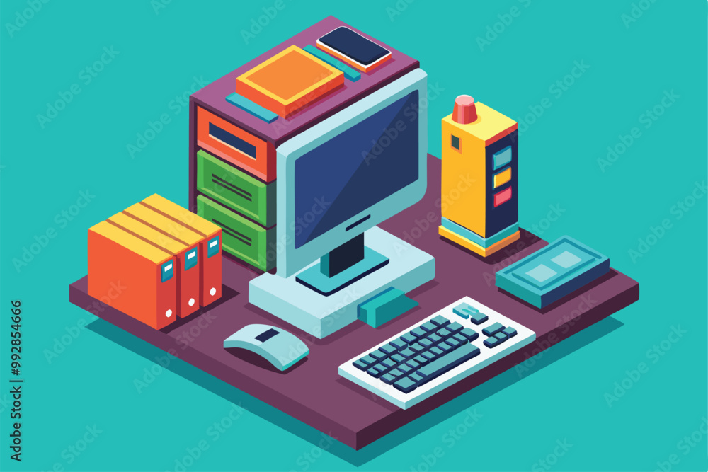 A vibrant isometric illustration showcases a desktop computer setup with supplies and accessories, Customizable isometric illustration of a desktop computer. A vibrant isometric illustration showcases a desktop computer setup with supplies and accessories, Customizable isometric illustration of a desktop computer.