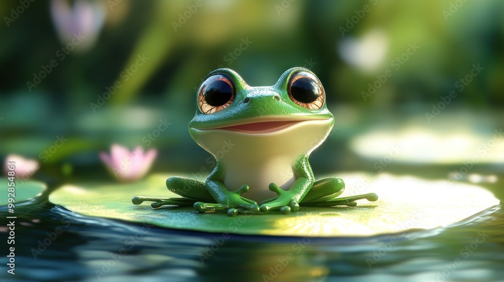 A cheerful frog sitting on a lily pad in a serene pond setting. A cheerful frog sitting on a lily pad in a serene pond setting.