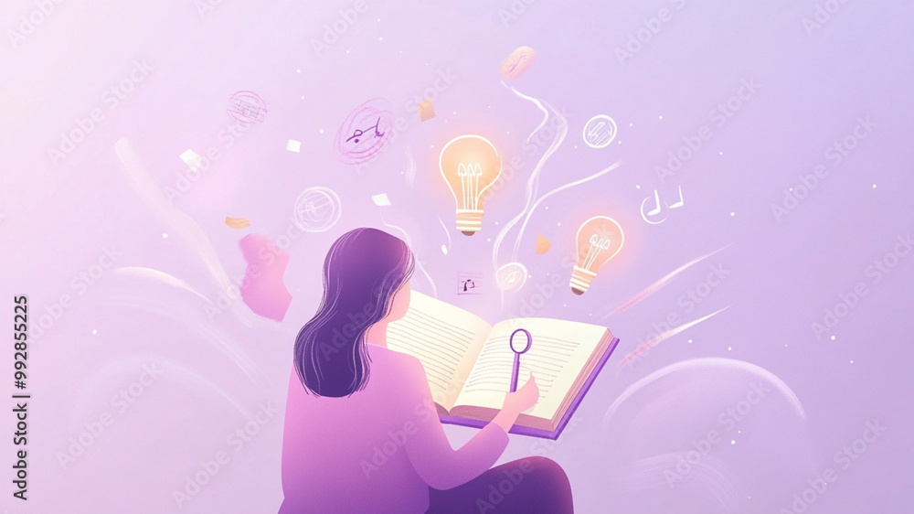 a minimalistic and playful illustration of a person reading a open book ,filled with symbols representing knowledge and learning, such as light bulbs, sound notes, magnifying glasses. a minimalistic and playful illustration of a person reading a open book ,filled with symbols representing knowledge and learning, such as light bulbs, sound notes, magnifying glasses.