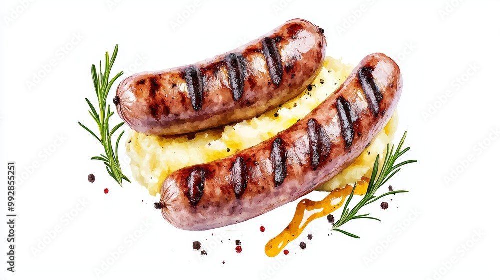 Grilled pork sausages served with mashed potatoes and caramelized onions, grilled pork sausages, comfort food Grilled pork sausages served with mashed potatoes and caramelized onions, grilled pork sausages, comfort food