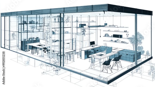 Blueprint of a digital nomad co-living space, with communal working areas and private modular units