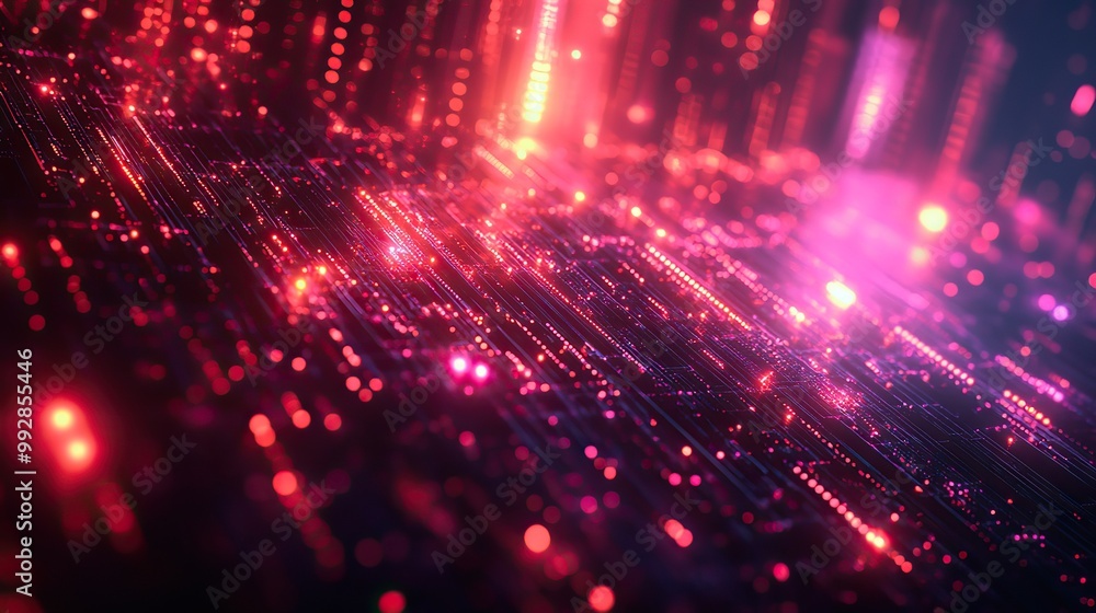 Fototapeta premium A geometric abstract background with directional neon lines, data flow, and optical fiber elements, creating a high-tech visual effect.