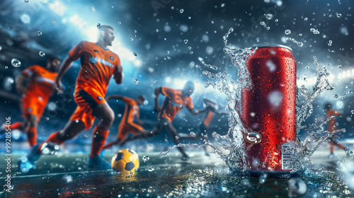 A can of super sport drink energy drink and soccer players running around playing football in a stadium background