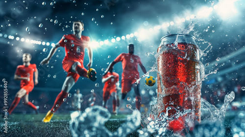 A can of super sport drink energy drink and soccer players running around playing football in a stadium background, liquid splash and bubbles