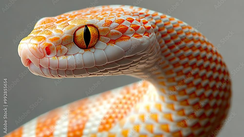 A close-up of a white and orange snake with a bright yellow eye, captured against a plain grey background A close-up of a white and orange snake with a bright yellow eye, captured against a plain grey background