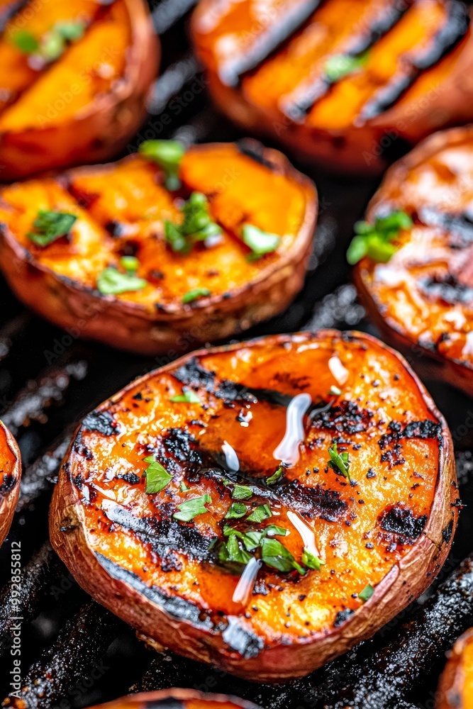 Grilled sweet potatoes served with a honey drizzle and chopped herbs, grilled sweet potatoes, barbecue side dish Grilled sweet potatoes served with a honey drizzle and chopped herbs, grilled sweet potatoes, barbecue side dish