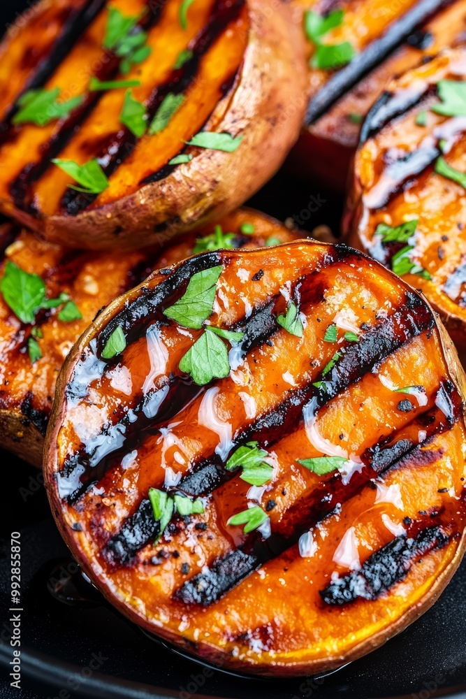 Grilled sweet potatoes served with a honey drizzle and chopped herbs, grilled sweet potatoes, barbecue side dish Grilled sweet potatoes served with a honey drizzle and chopped herbs, grilled sweet potatoes, barbecue side dish