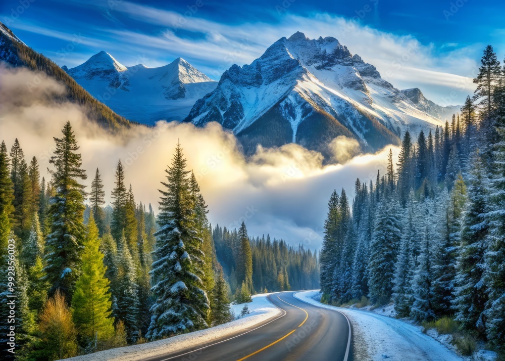 Snow-capped mountains rise beyond a winding road that disappears into a misty forest of evergreen trees under a soft blue sky.