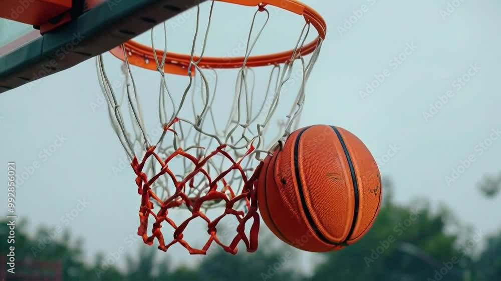 A basketball is about to enter a hoop, showcasing a moment in a game or practice. A basketball is about to enter a hoop, showcasing a moment in a game or practice.