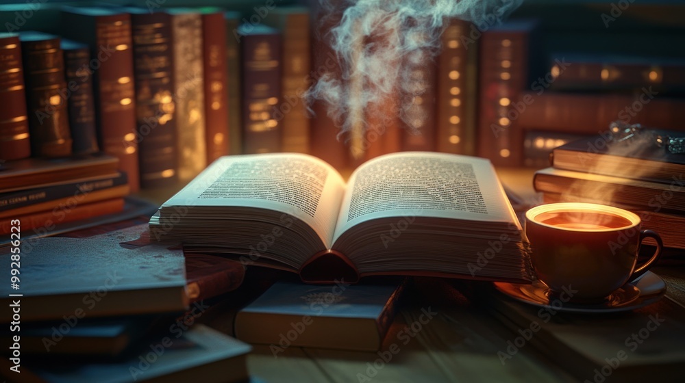 A cozy scene featuring an open book, steaming cup, and surrounding stacked books. A cozy scene featuring an open book, steaming cup, and surrounding stacked books.