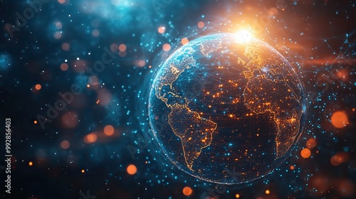 A global business and communication theme in an abstract tech background, illustrating digital connections and innovation.