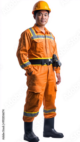 asian mining worker safety outfit  isolated white background