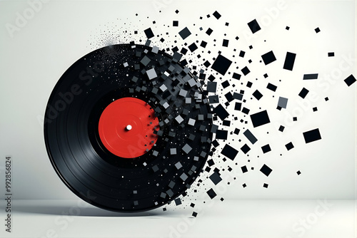 A black vinyl record with a red center shatters into pieces