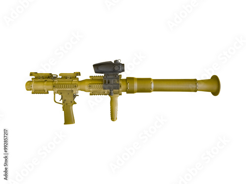 Modern sand colored rocket-propelled grenade launcher is isolated on transparent background.