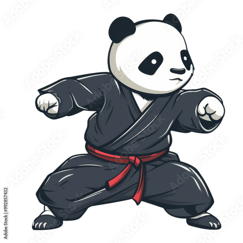 A cute panda bear wearing a black karate gi with a red belt, striking a fighting pose. photo