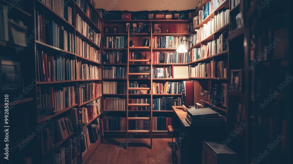 A cozy library filled with books and a ladder for access. A cozy library filled with books and a ladder for access.