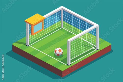 A colorful isometric illustration displays a football near a goal on a lush green playing field, Customizable isometric illustration of a football goal.