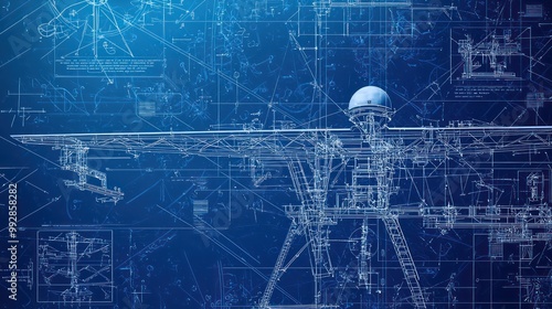 Blueprint of a high-altitude drone research facility, detailing launch platforms and atmospheric data collection stations photo