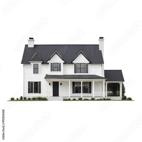 Wallpaper Mural A white transparent farmhouse with a black roof, a front porch, and a detached garage. The house has large windows and a simple, traditional farmhouse design Torontodigital.ca