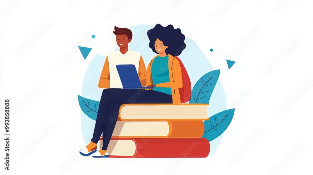 A diverse couple working together on a laptop, surrounded by books and greenery, symbolizing collaboration and learning. A diverse couple working together on a laptop, surrounded by books and greenery, symbolizing collaboration and learning.