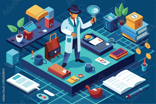 A forensic expert examines evidence using a magnifying glass in a well-equipped laboratory setting, Customizable isometric illustration of a forensic expert