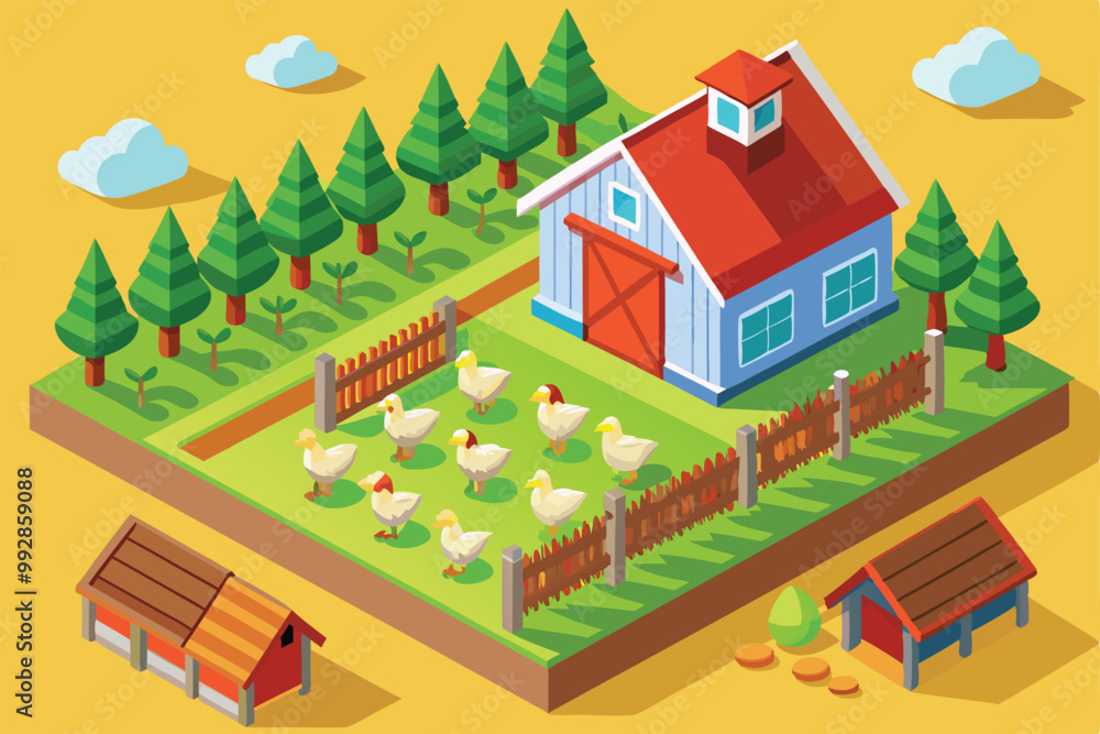 A colorful illustration shows a free-range farm with chickens roaming freely, surrounded by trees, Customizable isometric illustration of a mango tree A colorful illustration shows a free-range farm with chickens roaming freely, surrounded by trees, Customizable isometric illustration of a mango tree