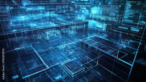 Blueprint of a high-tech forensic science facility, detailing evidence processing labs and secure data centers