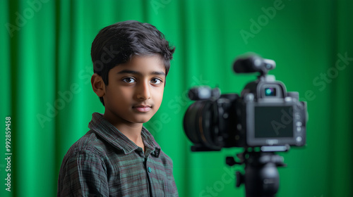 an indian boy in front of a camera