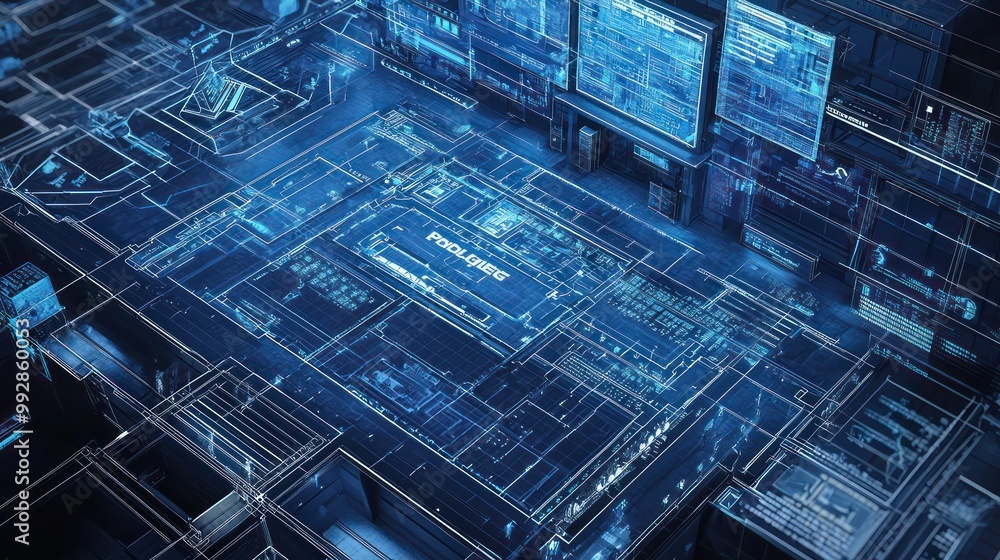 Blueprint of a high-tech police station, focusing on emergency response units and public safety interfaces Blueprint of a high-tech police station, focusing on emergency response units and public safety interfaces