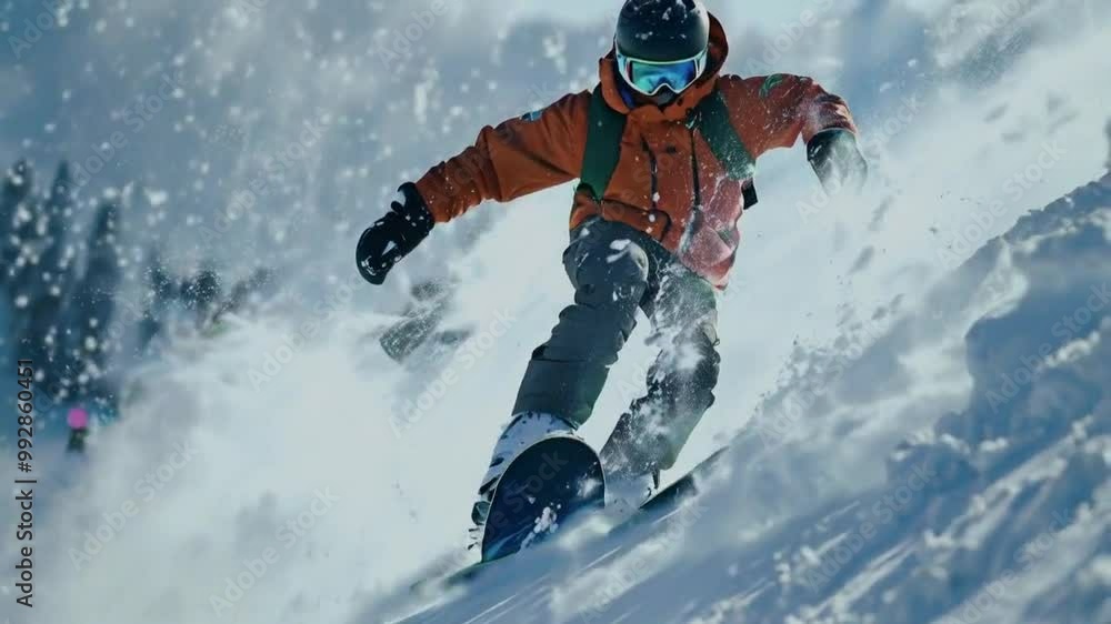 A snowboarder descends through fresh snowflakes in a winter landscape. A snowboarder descends through fresh snowflakes in a winter landscape.