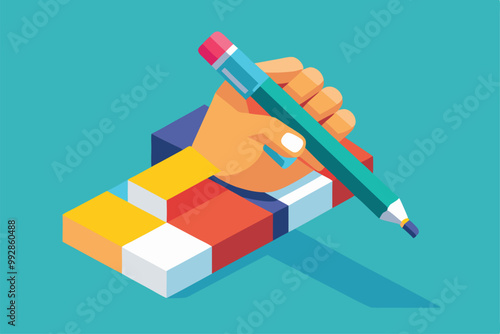 A hand grips a pen, poised above vibrant blocks, ready for creative ideas and artistic expression, Customizable isometric illustration of a raised hand.