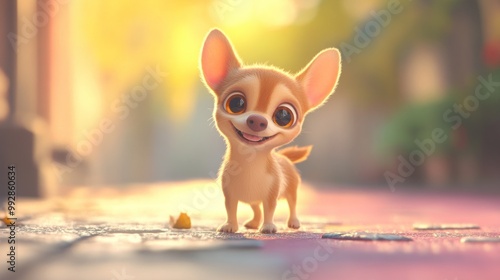 A cute cartoon Chihuahua puppy smiling in a warm, sunlit environment.