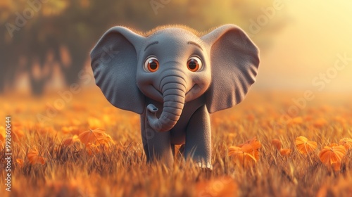 A cute cartoon elephant with big eyes in a field of autumn leaves.