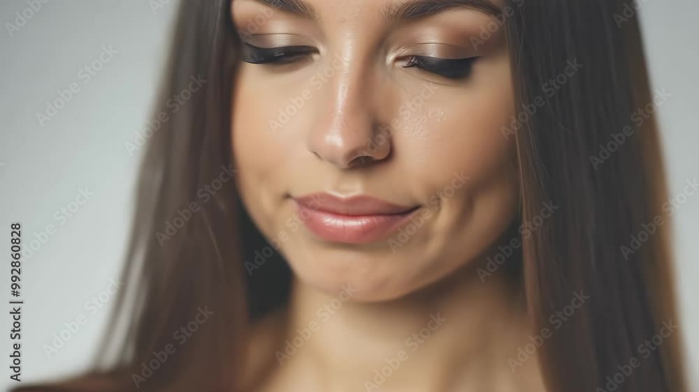 Close-up portrait of a smiling woman with long brown hair and natural makeup Close-up portrait of a smiling woman with long brown hair and natural makeup