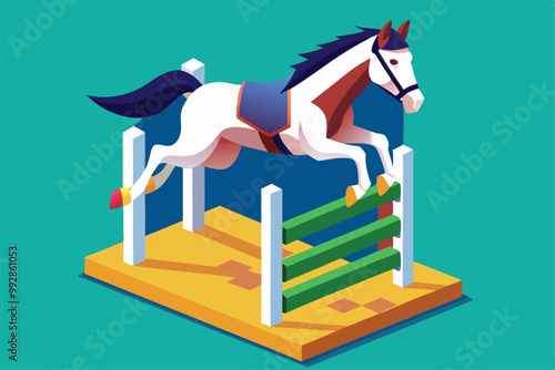 A lively horse gracefully leaps over a vibrant green fence on a smooth surface, Customizable isometric illustration of a horse jumping.