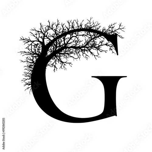 Letter G with Tree Branch Silhouette Art, A bold letter G intertwined with detailed tree branches, creating a nature-inspired, black-and-white artistic design.
