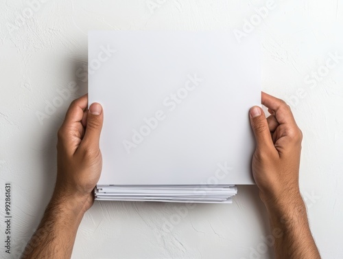 A person holding a blank sheet of paper above a stack of documents, perfect for business or creative concepts.