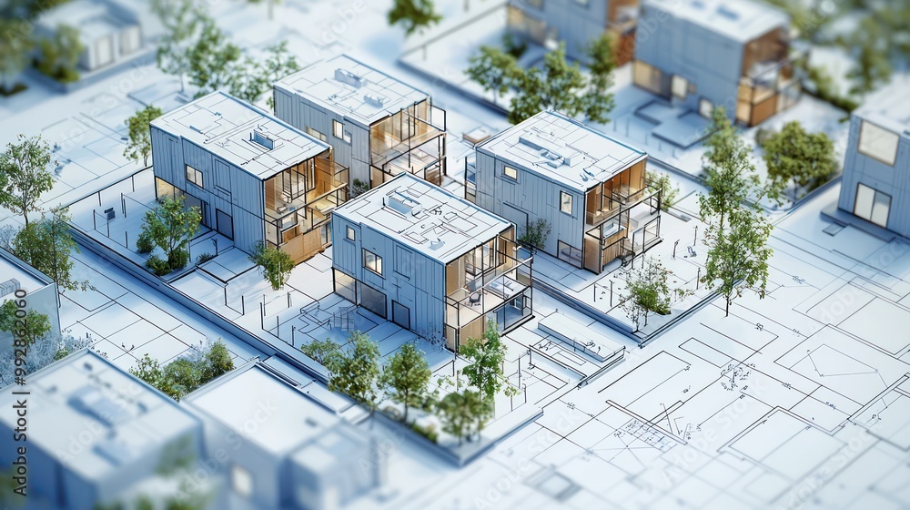 Fototapeta premium Blueprint of a modular housing development, featuring interlocking units for customizable living spaces