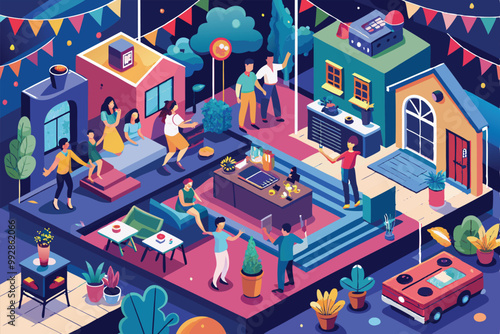 A lively gathering is taking place with people dancing, socializing, and enjoying the festive atmosphere, Customizable isometric illustration of a house party.