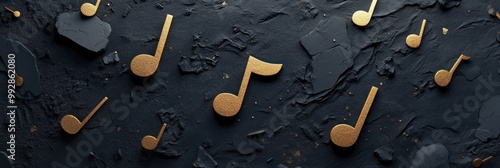 A textured dark background featuring scattered golden musical notes. photo