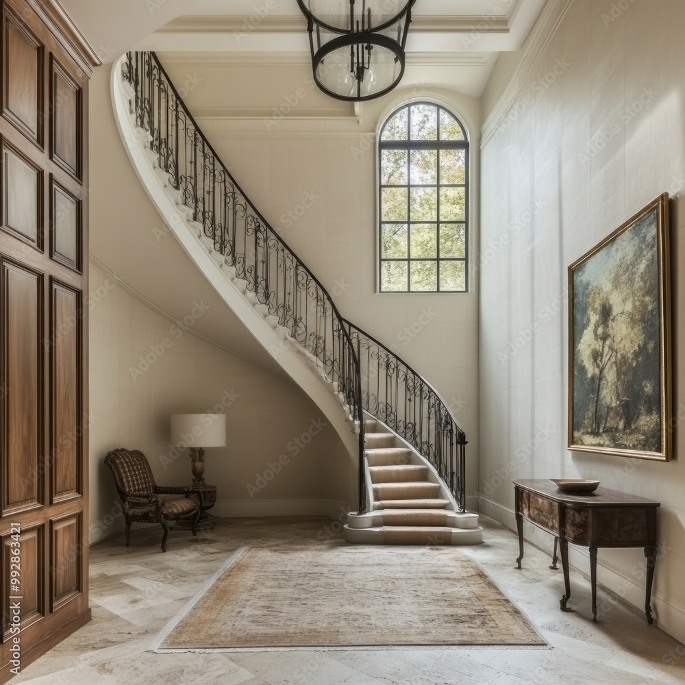 Elegant staircase in a spacious foyer with natural light and classic decor. Elegant staircase in a spacious foyer with natural light and classic decor.