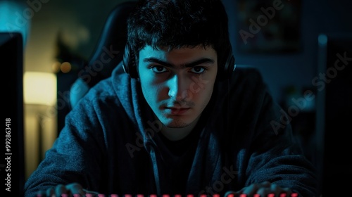 A focused young man gaming at night, illuminated by a colorful keyboard.