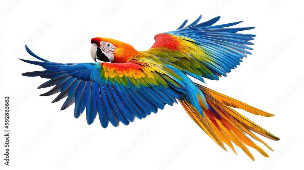 Fototapeta premium A vibrant scarlet macaw with blue and green wings in mid-flight against a white background.