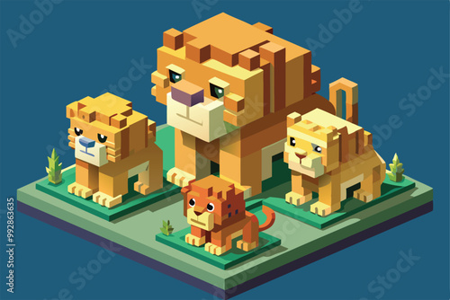 A playful lion family with a majestic parent and three cubs stands in a lush environment, Customizable isometric illustration of a lion family