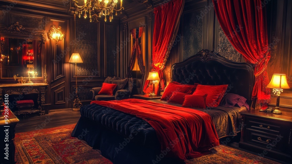 Fototapeta premium A luxurious bedroom with rich decor, featuring dark colors and elegant furnishings.